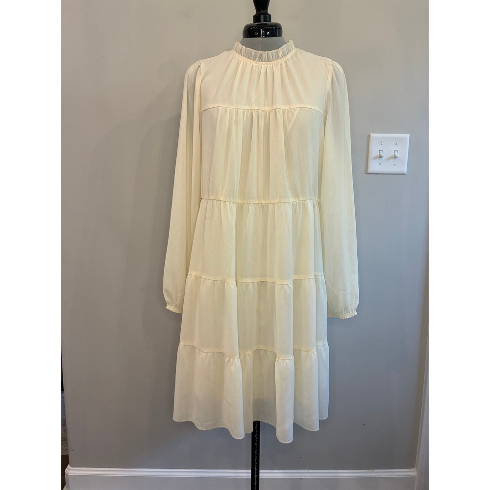 Kirundo Cream Chiffon Tiered Mini Dress Long Sleeve Ruffle Neck Tie Back Medium